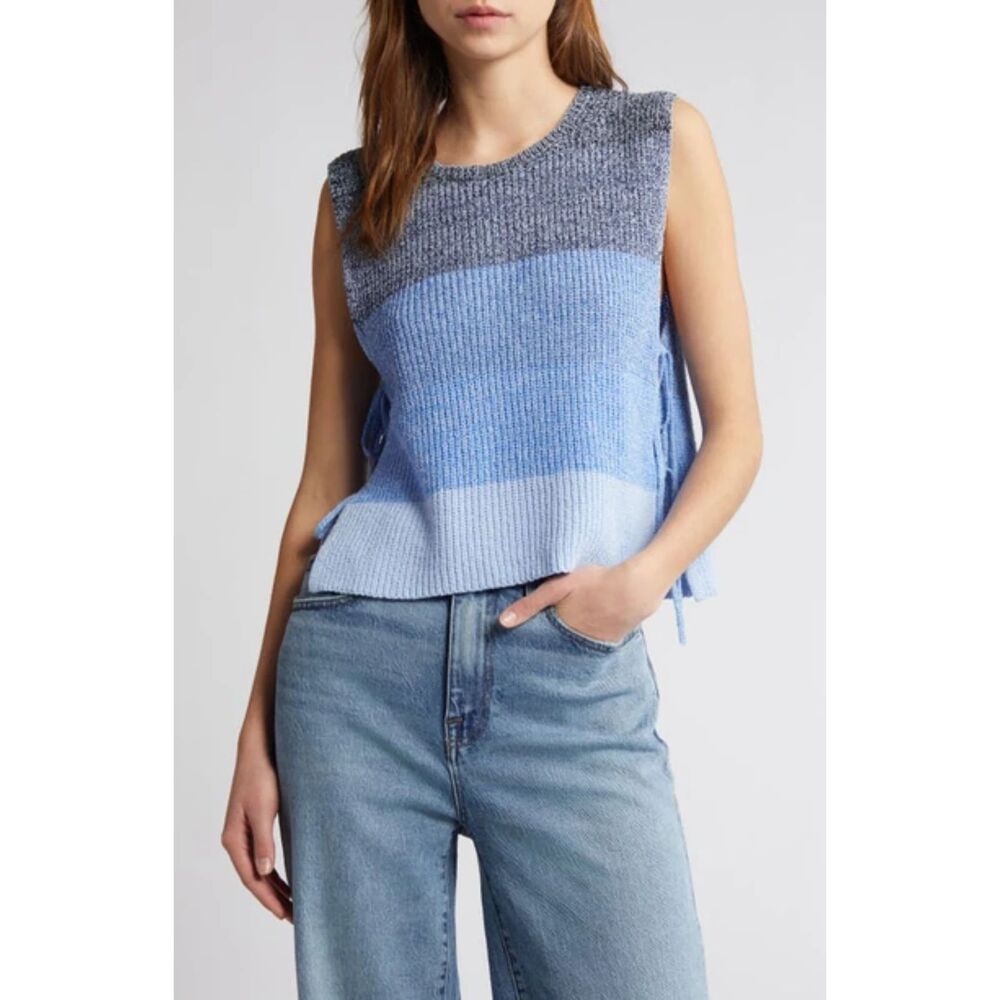 RAG & BONE Kati Stripe Side Tie Sleeveless Cotton Blend Sweater In Blue NEW